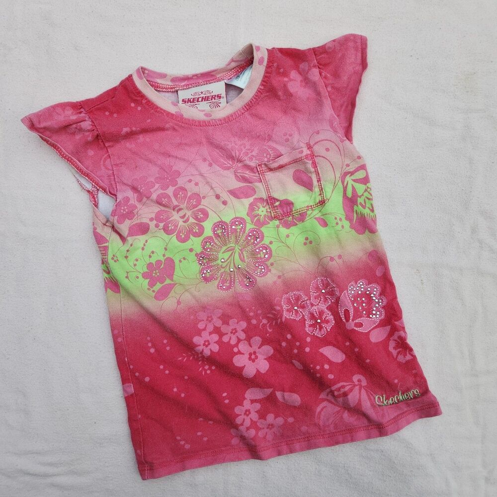 Vintage Y2K Skechers Pink Lime Green Floral Rhinestone Flutter Sleeve Top Size 6